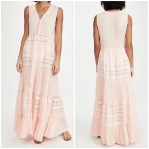 Playa Lucila Pink Eyelet Lace Tiered Maxi Dress Womens Small Sleeveless Boho